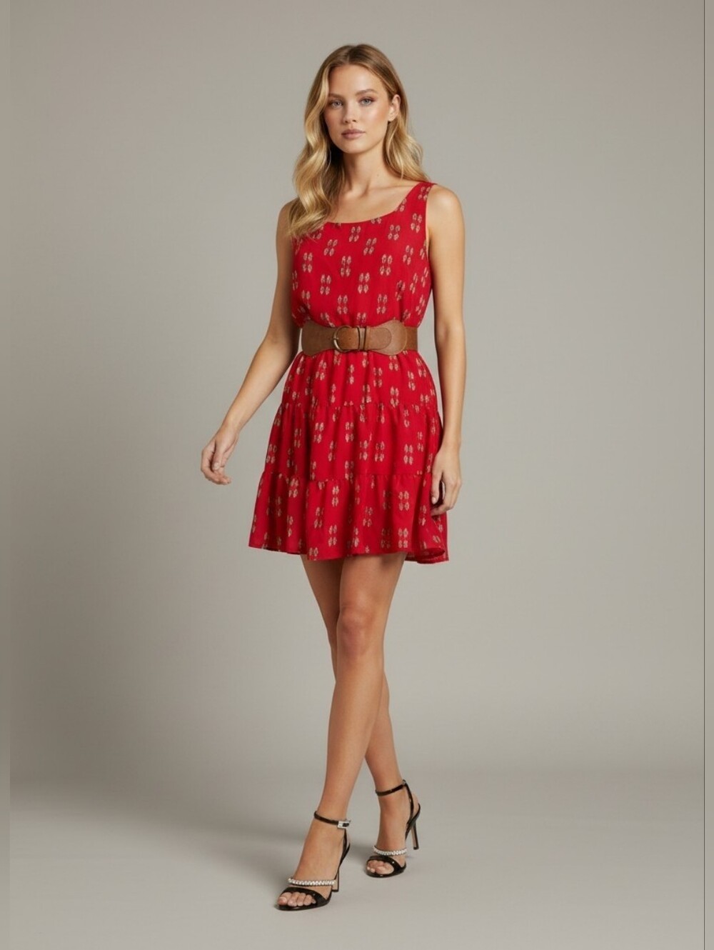 Jodi Kristopher NWT Red Geometric Print Belted Tiered Dress Size Juniors Large